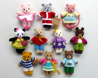 10 BUSY LITTLE BEARS - 4&quot; (10cm), knitted flat, 2 needles, Dk yarn, toy knitting pattern, doll house bear, pdf