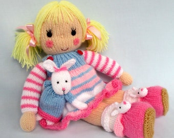 Betsy and Bunny - 16" (40cm), doll knitting pattern - dress, hat, shoes, slippers, DK yarn, 2 needles, Toy pattern, instant download