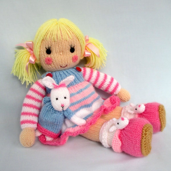 Betsy and Bunny - 16" (40cm), doll knitting pattern - dress, hat, shoes, slippers, DK yarn, 2 needles, Toy pattern, instant download