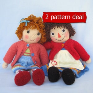 2 doll knitting pattern, Belinda Jane and Merrily Ann (Raggedy Ann) - 18&quot; (45cm), Knitted flat on 2 needles - DK Yarn - Pdf