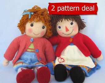 2 doll knitting pattern, Belinda Jane and Merrily Ann (Raggedy Ann) - 18" (45cm) doll knitting patterns - INSTANT DOWNLOAD -