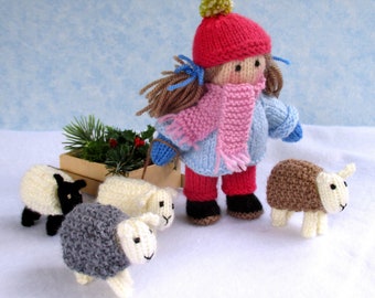 Shepherdess Bo Peep Winter and Summer  (updated pattern) 7" (17cm) doll plus sheep. Doll knitting pattern. PDF