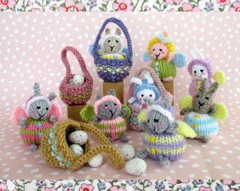 Fairy Bunnies - 2.5" (6.5cm) - plus tiny basket -  knitting pattern  - INSTANT DOWNLOAD