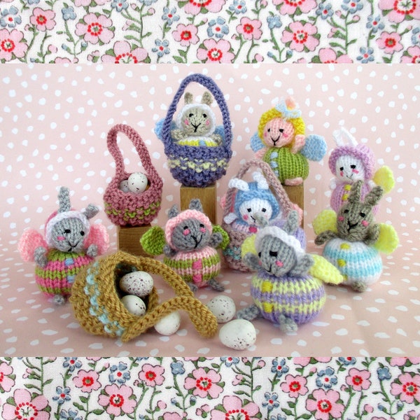Fairy Bunnies - 2.5" (6.5cm) - plus tiny basket -  knitting pattern  - INSTANT DOWNLOAD