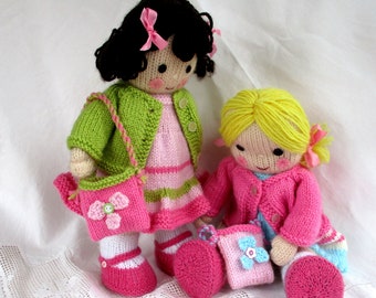 Polly and Kate - 13" (33cm), cardigans, dresses, skirts, bags, headband - doll knitting pattern, DK yarn, 2 straight needles, toy, Pdf