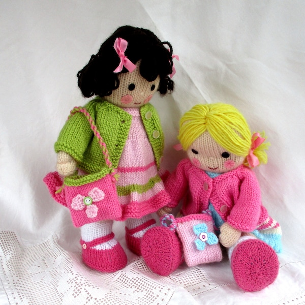 Polly and Kate - 13" (33cm), cardigans, dresses, skirts, bags, headband - doll knitting pattern, DK yarn, 2 straight needles, toy, Pdf