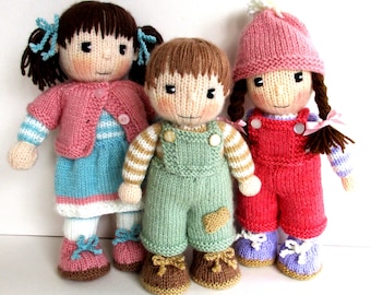 Penny, Patch and Poppy - 10" 12" (26cm - 30cm) - Knitted flat on 2 needles - DK YARN, toy knitting pattern - instant download