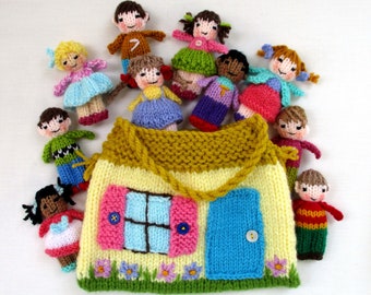 10 Tiny  3'' Dolls and Cottage Bag - Toy knitting pattern - Pocket Doll - Instant Download PDF