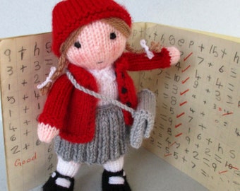 Emily goes to school - 8" (20cm) - Knitted flat on 2 needles - DK YARN, Doll knitting pattern - Toy knitting pattern, School girl - Pdf