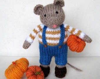 Pip the Mouse -  7" (17cm) - plus pumpkins -  doll knitting pattern - INSTANT DOWNLOAD