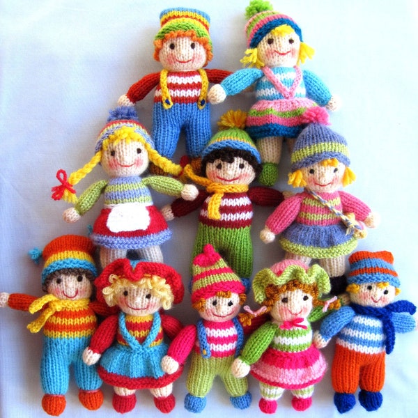 10 Jolly Tots, toy knitting pattern, 6" (15cm), small doll knitting pattern, toy knitting pattern, Pdf instant download