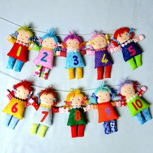 Little Counting Dolls - Garland - doll sewing pattern - numbers garland - early learning - preschool - early years