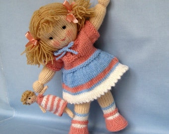 Lulu and tiny doll - 12" (30cm), doll knitting pattern, DK yarn - 2 straight needles, instant download