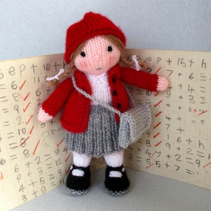 Emily goes to school - 8" (20cm) - Doll knitting pattern - Toy knitting pattern, School girl - Pdf Instant download