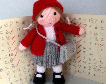 Emily goes to school - 8" (20cm) - Doll knitting pattern - Toy knitting pattern, School girl - Pdf Instant download