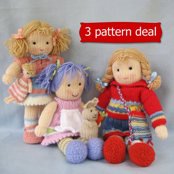 Lucy Lavender, Tilly, and Lulu doll knitting patterns - INSTANT DOWNLOAD