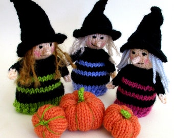 Halloween Witches and Pumpkins - Knitting pattern - Bottle toppers, Garland, Bowl filler, Trick or treat bags, Instant download PDF