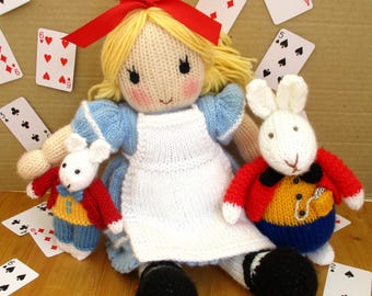 Alice in Wonderland Doll - 14" (35cm) + 2 white rabbits.  Knitted flat on 2 needles - DK Yarn - PDF,  story book doll