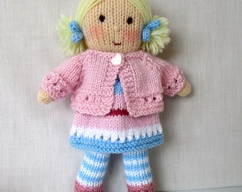 Dolly Rose 9'' doll - Knitted flat on 2 needles - DK YARN - Doll Clothes, Tiny Doll - Doll knitting pattern, DK Yarn, instant download Pdf