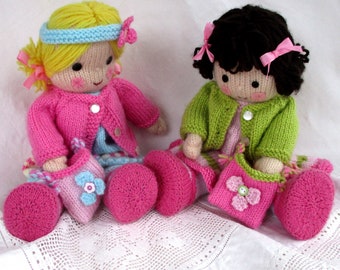 Polly and Kate - 13" (33cm), Knitted flat on 2 needles - DK YARN - cardigans, dresses, skirts, bags, headband - doll knitting pattern, Pdf