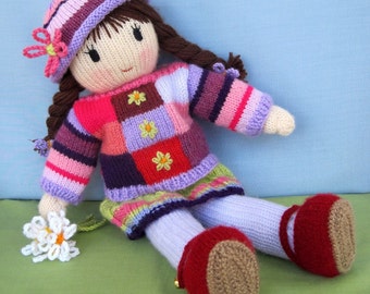 Posy doll -16" (40cm), 2 needles doll knitting pattern, knitted skirt, sweater, hat, shoes, Toy knitting pattern, PDF Instant Download