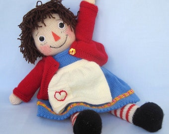 Merrily Ann/ Raggedy Ann - 18" (45cm) - Doll knitting pattern - DK Yarn, 2 needles - dress, cardigan, apron - Toy knitting patten - Pdf