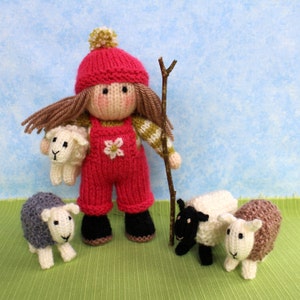 Bo Peep 7&quot; (17cm) doll plus sheep. Knitted doll and sheep knitting pattern. PDF INSTANT DOWNLOAD