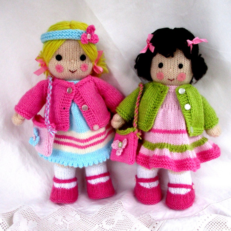 Polly and Kate 13 33cm, cardigans, dresses, skirts, bags, headband doll knitting pattern, DK yarn, 2 straight needles, toy, Pdf image 2