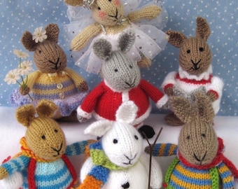 6 Winter Bunnies - 6&quot; (15cm) - Knitted flat on 2 needles - DK YARN doll knitting pattern - Pdf - toy rabbits
