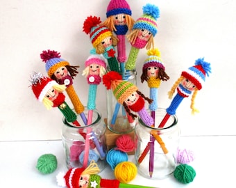 NEW - 10 Dolly Pencil Toppers - Knitting Pattern - Quick to Knit - Party Prizes  - Fund Raisers - Starting School - Stash Buster