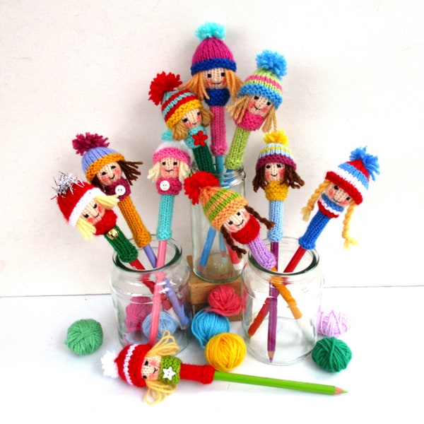 NEW - 10 Dolly Pencil Toppers - Knitting Pattern - Quick to Knit - Party Prizes  - Fund Raisers - Starting School - Stash Buster