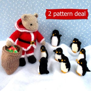 May include: Knitted Christmas bear wearing a Santa suit and holding a bag of presents, surrounded by seven knitted penguins on a white background with a blue snowflake pattern. The text "2 pattern deal" is in red at the top of the image.