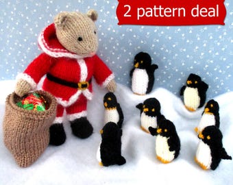 Santa Mouse meets Tiny Penguins - 2 knitting patterns - knitted Christmas decorations