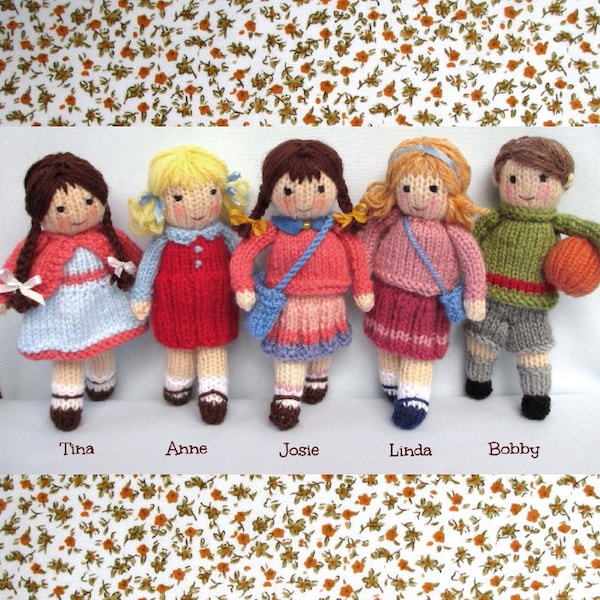 5 petits amis en automne, modèle de tricot pour petite poupée, 6 po. (15 cm) - modèle de tricot jouet, pdf