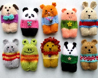 10 Pocket Animals, 10cm (4''), quick and easy, knitted flat on 2 needles, DK yarn, pocket pals - pdf