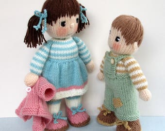 Penny and Patch - 10" 12" (26cm - 30cm) - doll knitting pattern, DK, 2 straight needles, toy knitting pattern - instant download