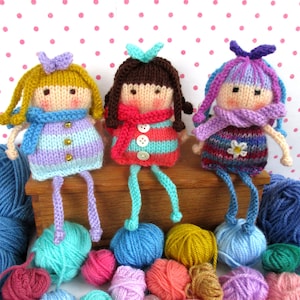 NEW - Goldie, Pearl and Daisy - Stash buster doll, 6in (16cm) pocket doll, party prize, Quick and easy DK knitting pattern.