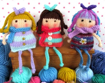 Goldie, Pearl and Daisy - Stash buster doll, 6in (16cm) pocket doll, party prize, Quick and easy DK knitting pattern.