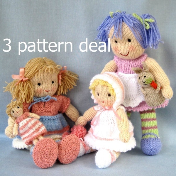 LULU, LITTLE DAISY and LUCY LAVENDER - 3 pattern deal - knitted toy dolls - PDF email knitting pattern