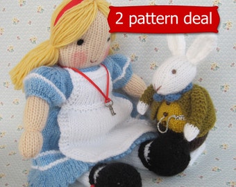 Alice in Wonderland and White Rabbit - 14'' and 7'' - 2 needles, Doll knitting pattern and white rabbit pattern - instant download