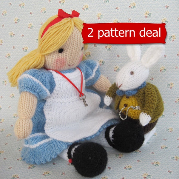 Alice in Wonderland and White Rabbit - 14'' and 7'' - 2 needles, Doll knitting pattern and white rabbit pattern - instant download