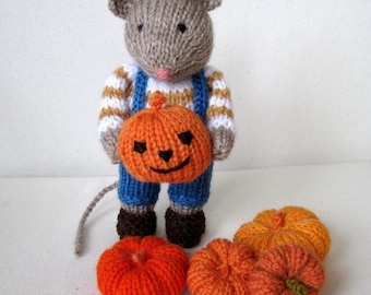 Pip the Mouse -  7" (17cm) - plus pumpkins -  doll knitting pattern - INSTANT DOWNLOAD