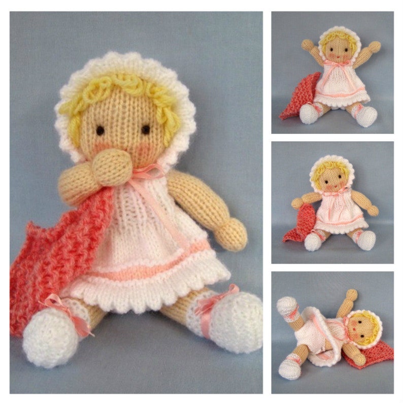 May include: A knitted doll wearing a white dress with pink trim and a pink knitted blanket. The doll has blonde yarn hair and a white knitted bonnet.