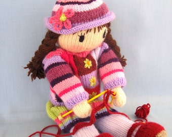 Posy doll -16" (40cm), Knitted flat on 2 needles - DK YARN, knitted skirt, sweater, hat, shoes, Toy knitting pattern, PDF Instant Download