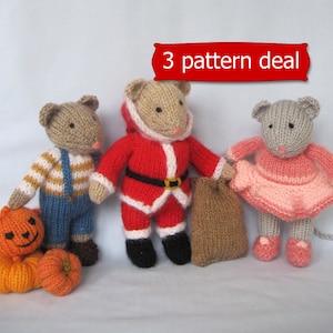 Pip, Santa and and Darcy 7 17cm, toy knitting pattern, mouse knitting patterns, Christmas, Halloween pattern image 1