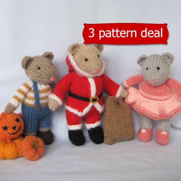 Pip, Santa and and Darcy 7" (17cm), toy knitting pattern, mouse knitting patterns, Christmas, Halloween pattern