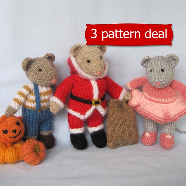 Pip, Santa and and Darcy 7 17cm, toy knitting pattern, mouse knitting patterns, Christmas, Halloween pattern image 1