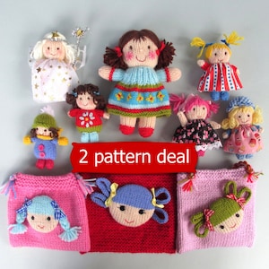 May include: A collection of knitted dolls, including a fairy, a girl in a blue dress, a girl in a red dress, a girl in a pink dress, a girl in a white dress, and a girl in a green dress. The dolls are all handmade and have different facial expressions. The image also includes a sign that says "2 pattern deal".