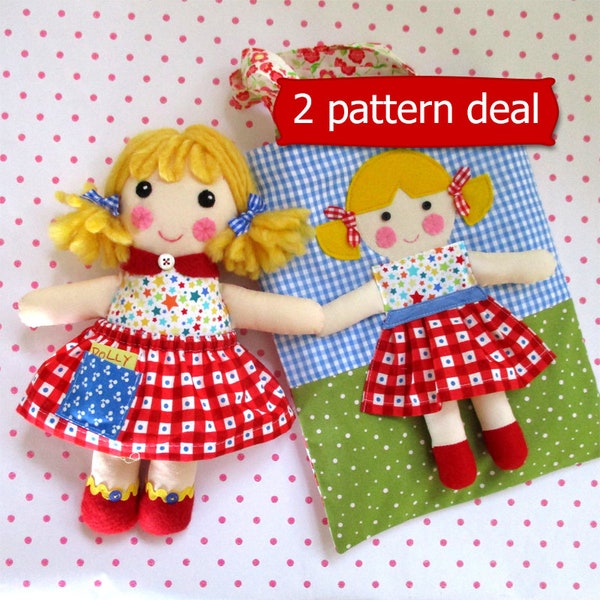 2 PATTERN DEAL - Little Dolly plus Tote Bag - sewing patterns - easy to make rag doll - Toy sewing pattern PDF