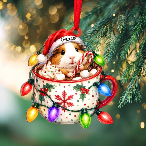 Personalized guinea pig hot-cocoa Christmas ornament — absurdly specific niche pet love that will genuinely delight a guinea pig owner.